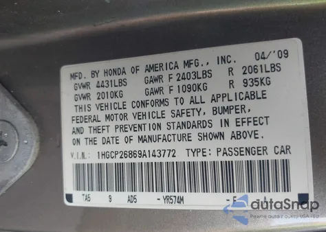 2009 Honda Accord 2.4 Ex-L z USA, uszkodzony, nr VIN 1HGCP26869A143772